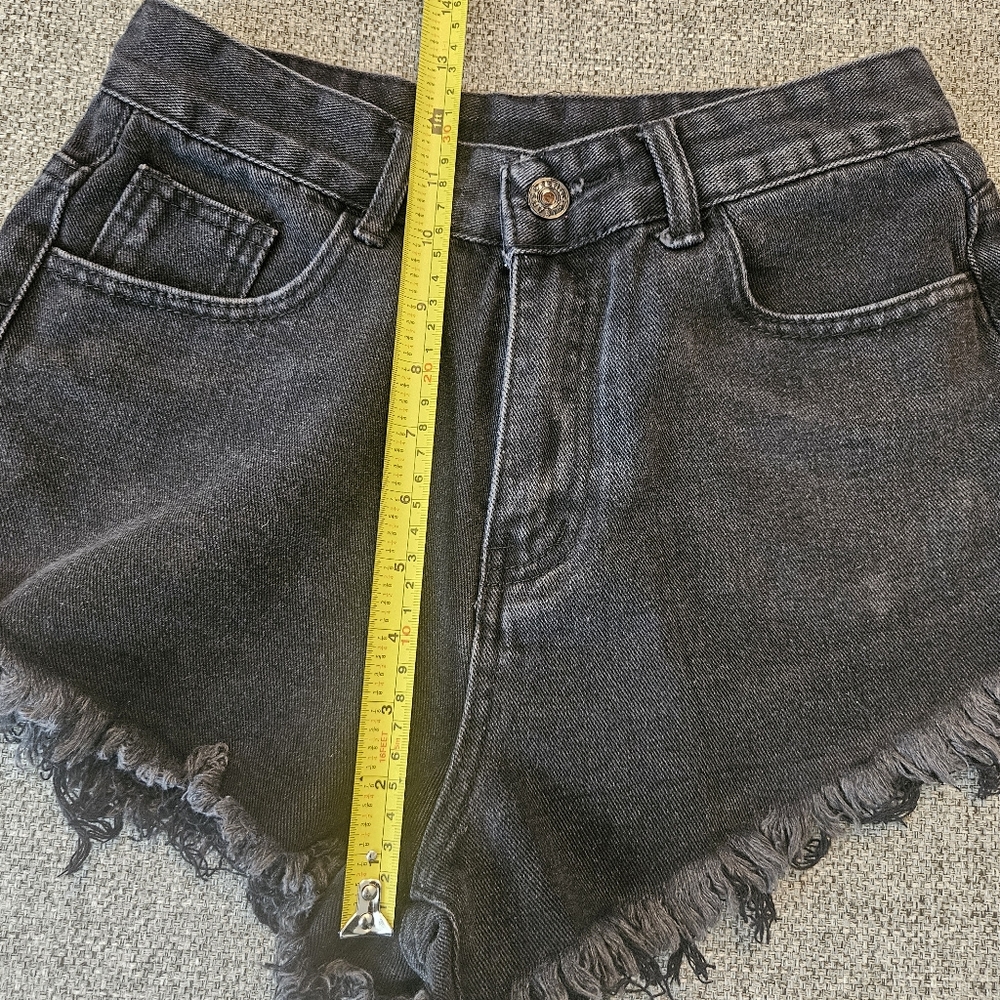 Shein Black High Waist Jean Cut Off Fray Shorts Flame Embroidered Pockets Size S - Picture 5 of 6